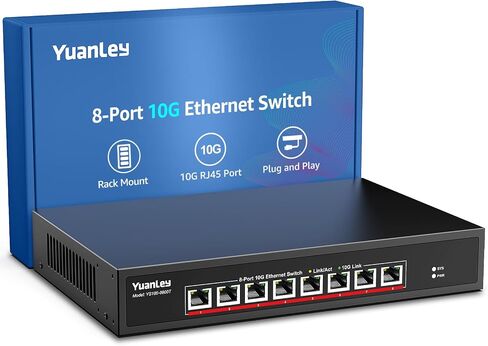 YuanLey 8-Port 10G Ethernet Switch, 8 x 10Gbps RJ45 Ports, Support 10G/5G/2.5G/1G/100Mbps Speed Auto-Negotiation, 160Gbps Switching Capacity, Unmanaged Switch Rackmountable, Plug and Play in Saudi Arabia