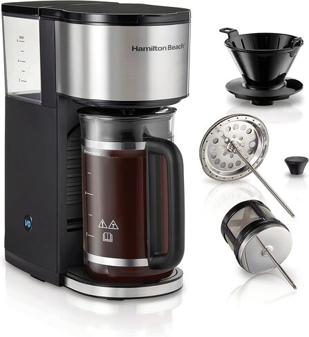 Hamilton Beach Home Barista 7-in-1 Small Coffee Maker with Seven Ways to Brew, 6 Cup Carafe, Drip, Single Serve, French Press, Pour Over, Cold Brew, Easy-Fill Reservoir, Black (46251) in Kuwait