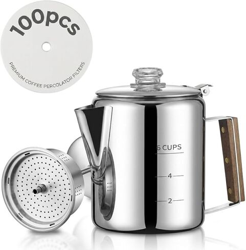 Coffee Percolator with 100pcs Coffee Filters - 6 Cups | Durable Stainless Steel Material Camping Coffee Pot| Brew Coffee On Fire, Grill or Stovetop | Ideal for Home, Camping in Kuwait
