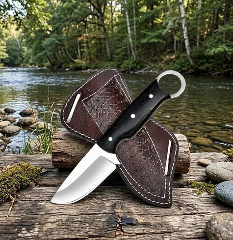9 Inch Hunting Knife D2 Steel Blade, Full Tang Fixed Blade Knife with G10 Micarta Handle, Leather Cross Pouch Sheath, Heavy Duty Outdoor Survival Knife for Camping, Bushcraft & Hunting in Kuwait