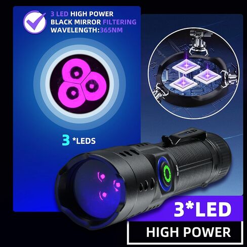 DARKBEAM UV Light Flashlight 365nm Filtered Blacklight Woods lamp 20W 3 LED in Kuwait
