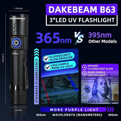 DARKBEAM UV Light Flashlight 365nm Filtered Blacklight Woods lamp 20W 3 LED in Kuwait