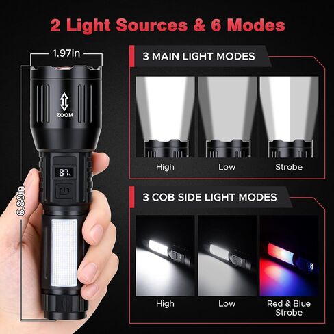 Sogidon Rechargeable Flashlights 1,500,000L High Lumens 2 Packs, LED Super Bright Strong Powerful Handheld Flash Lights with 6 Light Modes, COB Side Light, Zoomable Beam for Outdoor Emergency Home in Kuwait