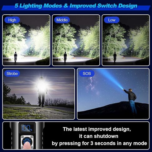 LED Rechargeable Flashlights High Lumens Flashlight 100000, Long Lasting 12h, Super Bright Flashlight Camping, Powerful Flash Lights for Home, USB C Input, Charge Your Mobile Phone in Kuwait