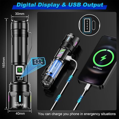 LED Rechargeable Flashlights High Lumens Flashlight 100000, Long Lasting 12h, Super Bright Flashlight Camping, Powerful Flash Lights for Home, USB C Input, Charge Your Mobile Phone in Kuwait