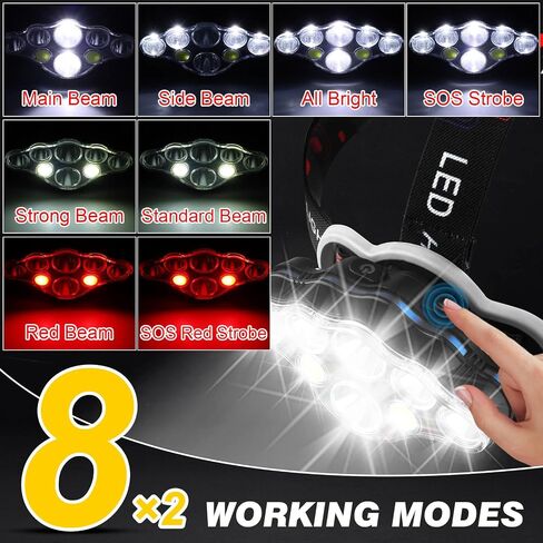 Elmchee Rechargeable Headlamp,18000 Lumen Bright 8 Led Head Lamp, 16 Modes Adjustable Motion Sensor Headlight with Red Light, Waterproof Head Flashlight for Outdoor Hiking Camping in Kuwait