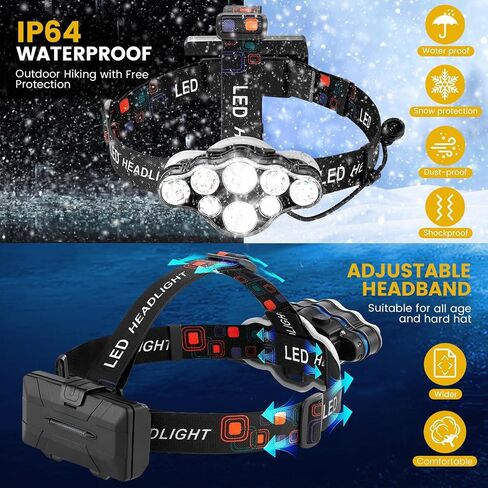 Elmchee Rechargeable Headlamp,18000 Lumen Bright 8 Led Head Lamp, 16 Modes Adjustable Motion Sensor Headlight with Red Light, Waterproof Head Flashlight for Outdoor Hiking Camping in Kuwait