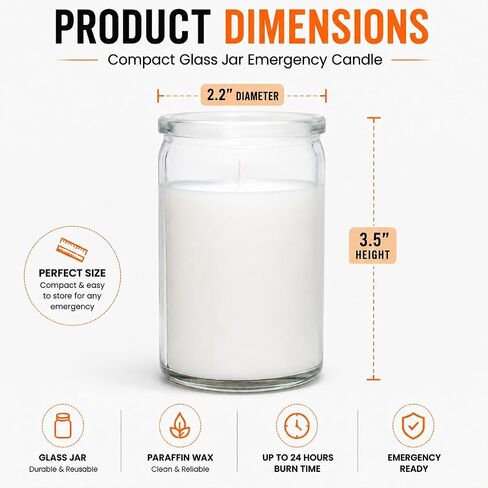 Carolina Emergency Unscented White Jar Candle – 24 Hour Burn, Clear 3.5" Tall Glass Container – Long-Lasting Paraffin Wax for Power Outages, Storms, Camping & Preparedness in Kuwait