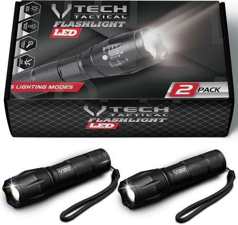 VTech Tactical 2pack LED Flashlight High Lumens - Mini Flashlights for Camping, Hiking, Walking - Powerful Emergency Flashlights with 5 Modes for Outdoor Use - Bright Flashlight with Zoomable Beam in Kuwait