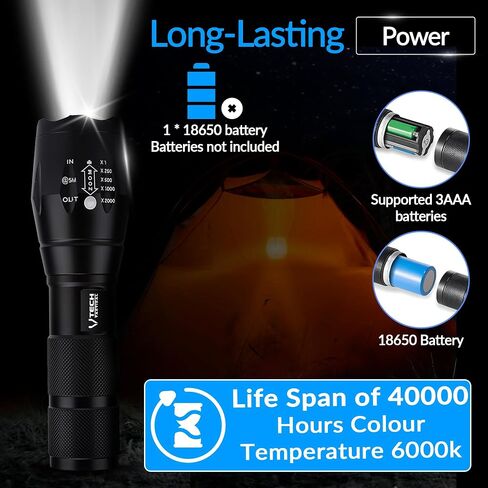 VTech Tactical 2pack LED Flashlight High Lumens - Mini Flashlights for Camping, Hiking, Walking - Powerful Emergency Flashlights with 5 Modes for Outdoor Use - Bright Flashlight with Zoomable Beam in Kuwait