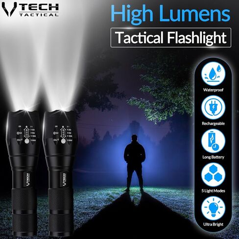 VTech Tactical 2pack LED Flashlight High Lumens - Mini Flashlights for Camping, Hiking, Walking - Powerful Emergency Flashlights with 5 Modes for Outdoor Use - Bright Flashlight with Zoomable Beam in Kuwait