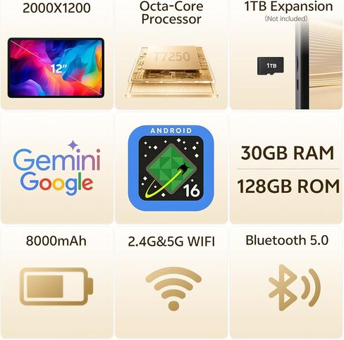 12 Inch Android 16 Tablet, 2K Display, 30GB RAM, 128GB Storage Expandable in Kuwait