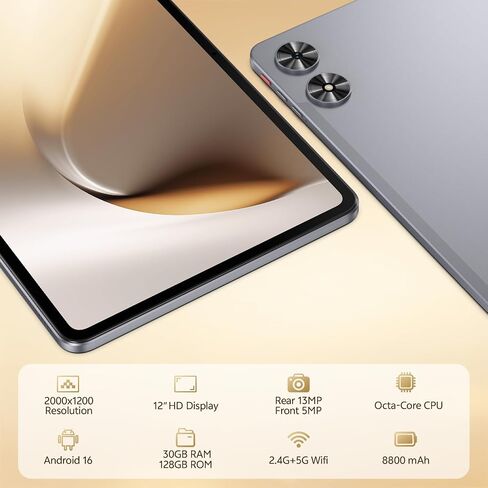 12 Inch Android 16 Tablet, 2K Display, 30GB RAM, 128GB Storage Expandable in Kuwait