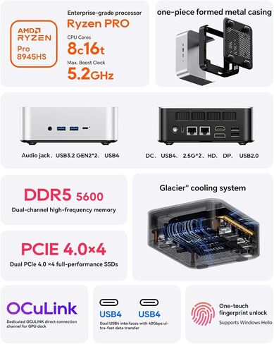 AOOSTAR MACO AMD Ryzen 9 8945HS Mini PC (8C/16T, up to 5.2GHz), Radeon 780M, Barebone (No RAM/SSD/OS), OCuLink eGPU, Dual USB4, Dual 2.5G LAN, HDMI/DP, WiFi6, OpenCL Support — Mini Gaming Desktop in Saudi Arabia