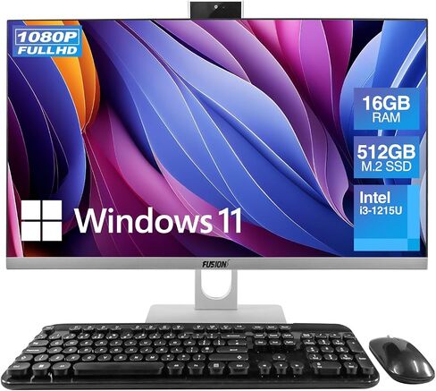 Fusion5 23.8" Full HD All in One PC Desktop Computer - 16GB RAM, 512GB SSD, i3-1215U 6-Core Processor up to 4.40 GHz, Windows 11, HDMI, USB 3.0 - AIO PC with Wireless Keyboard, Mouse, 3MP Web Camera in Kuwait