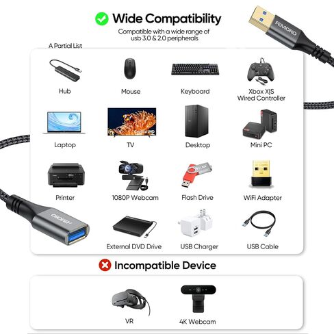 USB Extension Cable 3ft Pack of 2, USB-A 3.0 5Gbps Data Transfer 15W Charge in Kuwait
