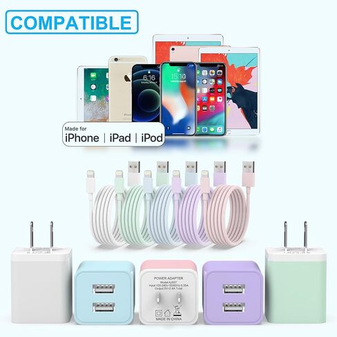 iGENJUN 5Pack iPhone Charger [MFi Certified], Dual Port USB Wall Charger Block Adapter with 6FT Lightning Cable Fast Charging Data Sync Cords for iPhone 14 13 12 11 Pro Max XR XS Plus-Multicolor in Kuwait