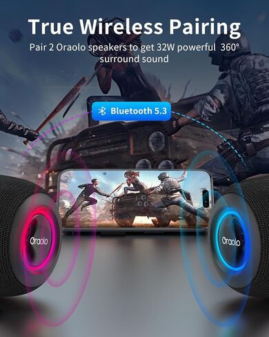 Oraolo Bluetooth Speaker, IPX7 Waterproof Portable Bluetooth Speaker with 15W Immersive Audio, 30H Playtime, LED Light, Bluetooth 5.3, Support TWS, Wireless Speakers for Outdoor Camping Home in Saudi Arabia