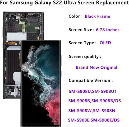 OLED for Samsung Galaxy S22 Ultra 5G LCD Screen Replacement Galaxy S22Ultra SM-S908U SM-S908U1 Display Screen Touch Digitizer Assembly Supports Fingerprint (with Black Frame+Soft Film+Tools) in Kuwait