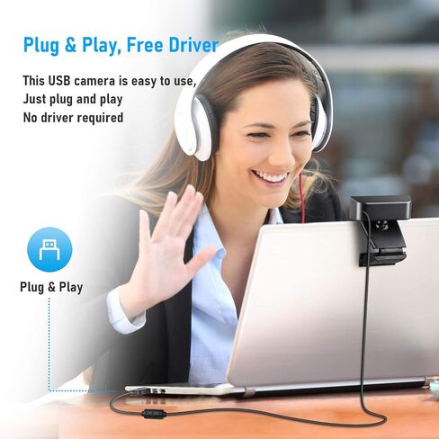 Webcam with Microphone & Privacy Cover, 1080p Streaming Computer Web Camera with Auto Light Correction, Plug and Play USB Webcam, Desktop Laptop PC Camera for Conference Video Calling Recording in Kuwait