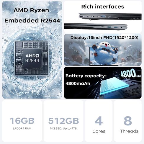 KAIGERR Light Gaming Laptop, AMD Ryzen R2544 Processor(Up to 3.7GHz), 16inch Laptop Computer with 16GB DDR4 512GB SSD, Windοws 11 Laptop with 1920P FHD Display, WiFi, USB3.2, Type_C in Kuwait
