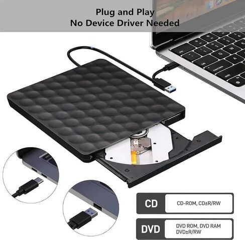 External CD DVD Drive, Portable Type-C USB 3.0 CD/DVD +/-RW ROM Burner Rewriter External DVD Writer CD Player External Disk Drive for Laptop Desktop PC Windows 11/10/8/7/XP/Linux/Vista/Mac OS in Kuwait