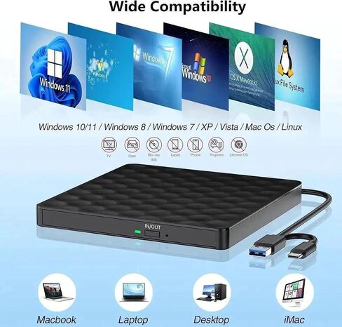 External CD DVD Drive, Portable Type-C USB 3.0 CD/DVD +/-RW ROM Burner Rewriter External DVD Writer CD Player External Disk Drive for Laptop Desktop PC Windows 11/10/8/7/XP/Linux/Vista/Mac OS in Kuwait
