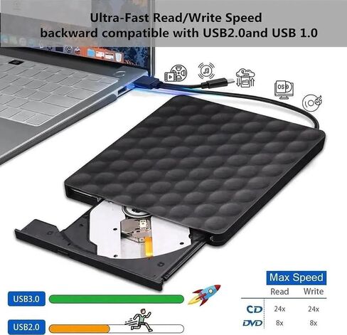 External CD DVD Drive, Portable Type-C USB 3.0 CD/DVD +/-RW ROM Burner Rewriter External DVD Writer CD Player External Disk Drive for Laptop Desktop PC Windows 11/10/8/7/XP/Linux/Vista/Mac OS in Kuwait