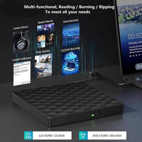 External CD DVD Drive, Portable Type-C USB 3.0 CD/DVD +/-RW ROM Burner Rewriter External DVD Writer CD Player External Disk Drive for Laptop Desktop PC Windows 11/10/8/7/XP/Linux/Vista/Mac OS in Kuwait