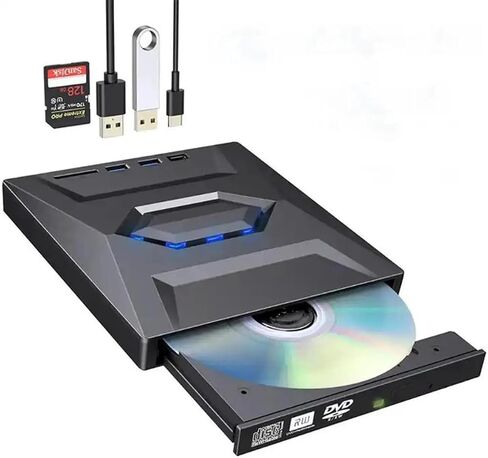 External CD DVD Drive with USB Hub & SD Card Slot, Portable DVD Burner USB 3.0/USB-C, 8X DVD 24x CD, Reader Writer for Windows 11/10/8/7, macOS, Linux, with Carrying Case in Kuwait