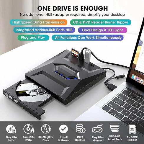 External CD DVD Drive with USB Hub & SD Card Slot, Portable DVD Burner USB 3.0/USB-C, 8X DVD 24x CD, Reader Writer for Windows 11/10/8/7, macOS, Linux, with Carrying Case in Kuwait