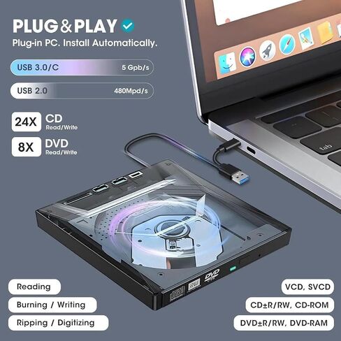 External CD DVD Drive with USB Hub & SD Card Slot, Portable DVD Burner USB 3.0/USB-C, 8X DVD 24x CD, Reader Writer for Windows 11/10/8/7, macOS, Linux, with Carrying Case in Kuwait