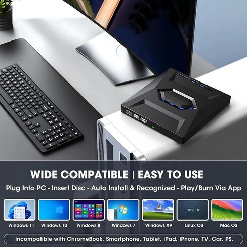 External CD DVD Drive with USB Hub & SD Card Slot, Portable DVD Burner USB 3.0/USB-C, 8X DVD 24x CD, Reader Writer for Windows 11/10/8/7, macOS, Linux, with Carrying Case in Kuwait