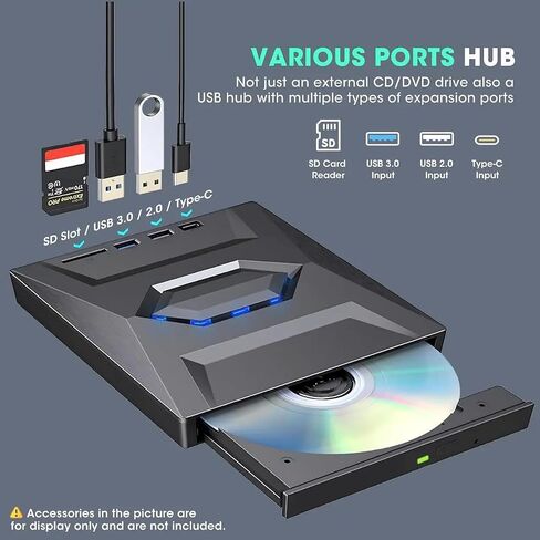 External CD DVD Drive with USB Hub & SD Card Slot, Portable DVD Burner USB 3.0/USB-C, 8X DVD 24x CD, Reader Writer for Windows 11/10/8/7, macOS, Linux, with Carrying Case in Kuwait