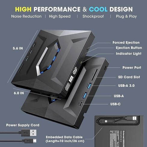 External CD DVD Drive with USB Hub & SD Card Slot, Portable DVD Burner USB 3.0/USB-C, 8X DVD 24x CD, Reader Writer for Windows 11/10/8/7, macOS, Linux, with Carrying Case in Kuwait