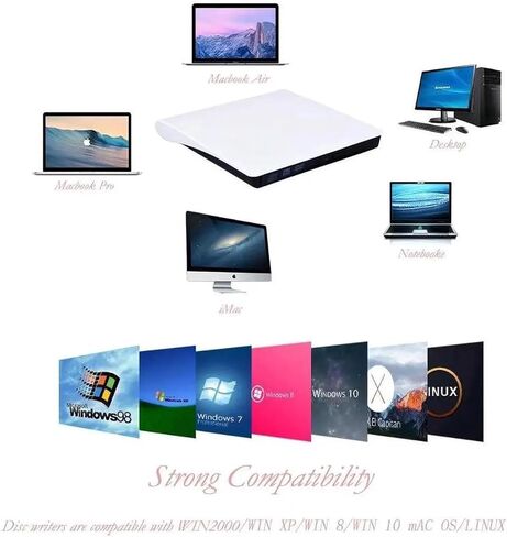 External DVD CD Drive Compatible for Laptop USB 3.0 External DVD-RW Player CD Drive, Optical Burner Writer Rewriter for Mac Computer Notebook Desktop PC Windows 7/8/10, Slim White in Kuwait