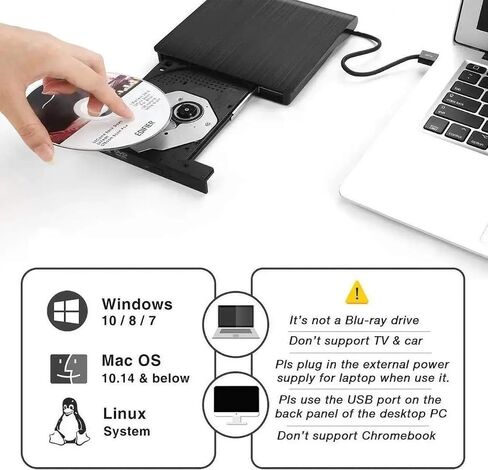 External CD Drive, USB 3.0 Portable CD/DVD +/-RW Drive Slim DVD/CD ROM Rewriter Burner Compatible with Laptop Desktop PC Windows Linux OS Apple Mac(Black) in Kuwait