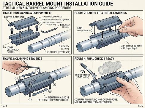 360 Tactical Shotgun Single Rail Barrel Mount 5 Slots 2.5" Two Piece Design Clamps To Barrel Diameters .75" to 1.1" Five Slot Barrel Mount in Kuwait