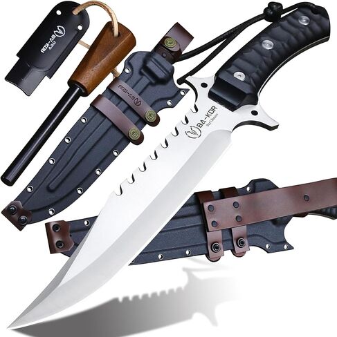 BA-KOR (15.8 inches) 5mm full Tang 9CR18MOV steel nylon fiber handle Bowie knife + sheath + (5.9 inches) cerium element striker, suitable for outdoor hunting, camping, survival, and daily carry of tools. (Sanding I (Half Teeth)) in Kuwait