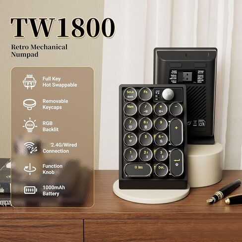 Fockety Wireless Number Pad, 19 Keys 3 Mode Bluetooth 2.4G Wireless Numeric Keypad with RGB Backlight, 5.5x14.7x1.7in 1000mAh Hot Swappable Retro Mechanical Numpad for Laptop PC in Kuwait