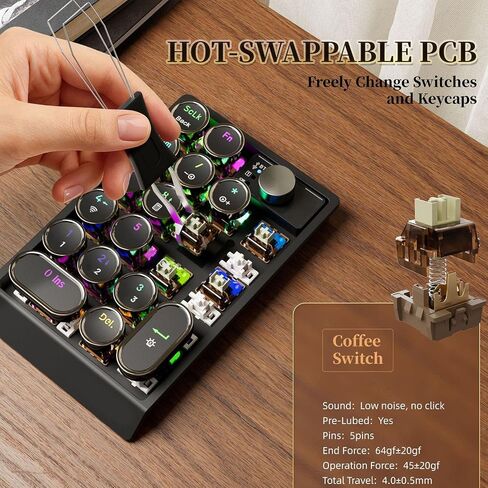 Fockety Wireless Number Pad, 19 Keys 3 Mode Bluetooth 2.4G Wireless Numeric Keypad with RGB Backlight, 5.5x14.7x1.7in 1000mAh Hot Swappable Retro Mechanical Numpad for Laptop PC in Kuwait