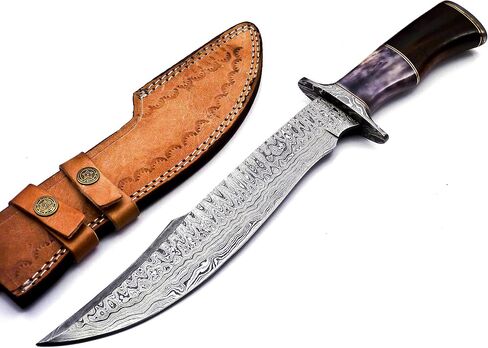BK-42 Handmade Damascus Steel 15 Inches Hunting Razor Sharp Knife - Beautiful Rosewood, Bone & Bull Horn Handle With Hand Stitches Leather Sheath (Purple/Brown) in Kuwait