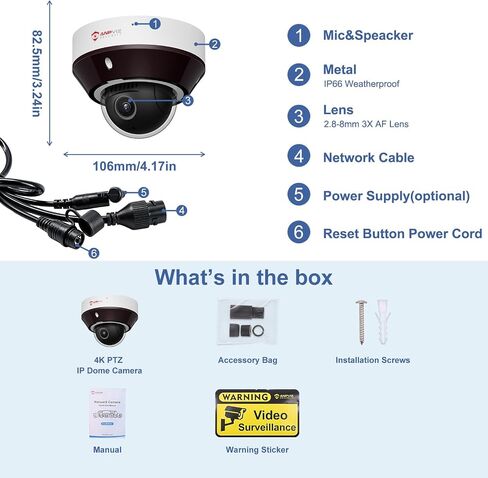 Anpviz Mini 4K 8MP PTZ POE IP Dome Camera Outdoor with 3X Optical Zoom in Kuwait