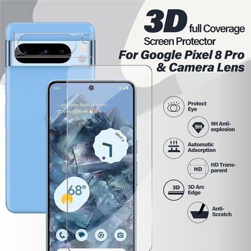 Pixel 8 Pro Tempered Glass Screen Protector + Camera Lens Protector [ 2 + 2 Pack ][Fingerprint Unlock] [Anti-Scratch] [Case Friendly] Clear HD Protective Film for Google Pixel 8 Pro 5G in Kuwait