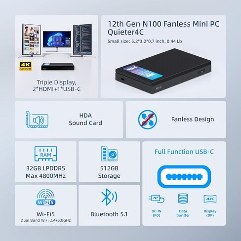 MeLE SE-Grade Quieter 4C N100 Fanless Mini PC 16GB DDR4 512GB NVMe SSD in Kuwait