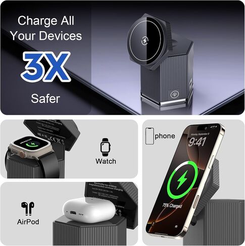 QFUP 5 in 1 Charging Station for Apple iPhone MagSafe Charger, Fast Wireless Charger Stand (1*USB and 2*Type-C) for iPhone 16,15,14,13,12 Series, Apple Watch, AirPods in Kuwait