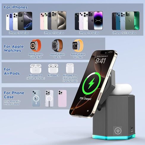 QFUP 5 in 1 Charging Station for Apple iPhone MagSafe Charger, Fast Wireless Charger Stand (1*USB and 2*Type-C) for iPhone 16,15,14,13,12 Series, Apple Watch, AirPods in Kuwait