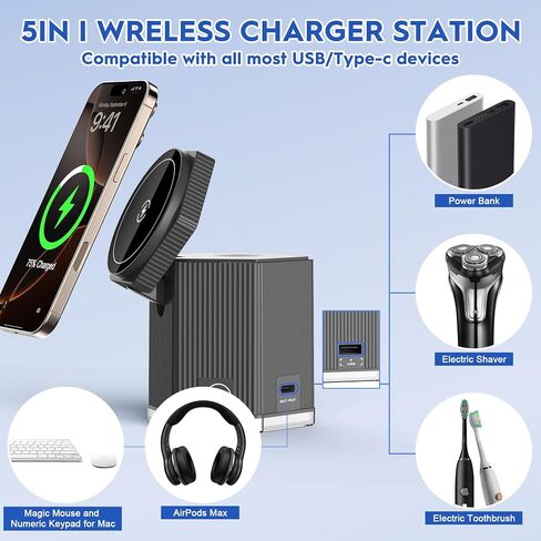 QFUP 5 in 1 Charging Station for Apple iPhone MagSafe Charger, Fast Wireless Charger Stand (1*USB and 2*Type-C) for iPhone 16,15,14,13,12 Series, Apple Watch, AirPods in Kuwait
