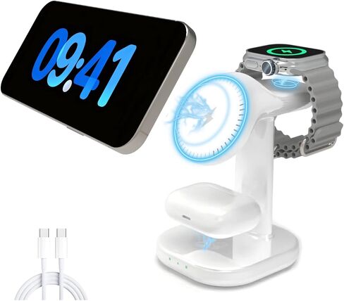 3 in 1 Wireless Charging Station for Magsafe Charger Stand,Magnetic Phone Charger for iPhone,for Apple Watch,for Airpods,for Magsafe Charging Station (White) in Kuwait