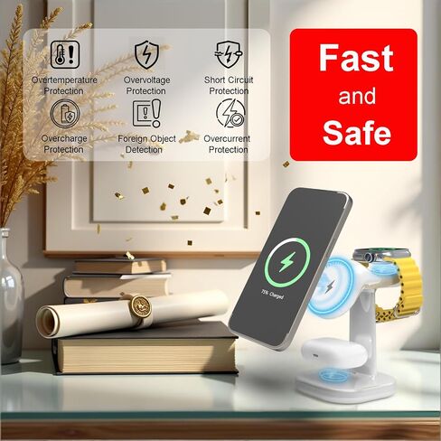 3 in 1 Wireless Charging Station for Magsafe Charger Stand,Magnetic Phone Charger for iPhone,for Apple Watch,for Airpods,for Magsafe Charging Station (White) in Kuwait